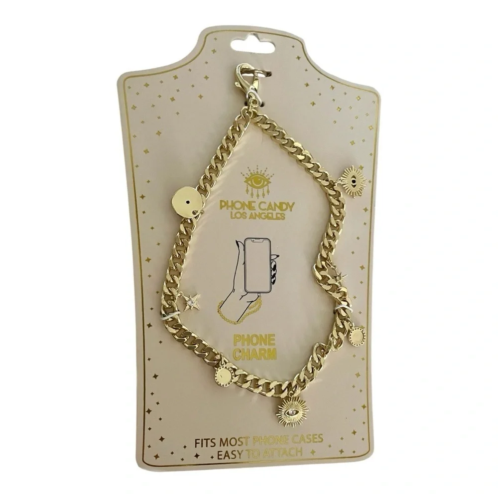 Phone Candy Los Angeles Phone Charm, Gold Wristlet Chain, 7 Gold-Tone Charms.
